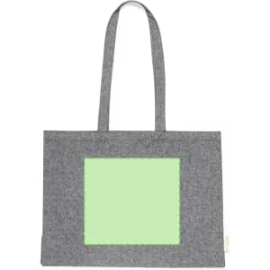 A grey tote bag with two long handles and a green square design in the centre. It features a logo on the side.