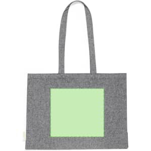 A grey tote bag featuring a green rectangular panel, with two shoulder straps and a simple design.
