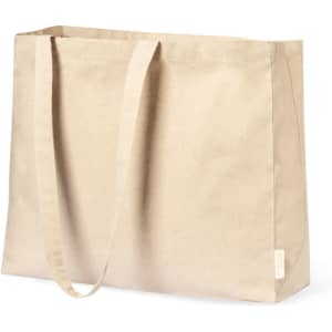 A large beige tote bag with sturdy handles and a simple design. It features a logo on one side.