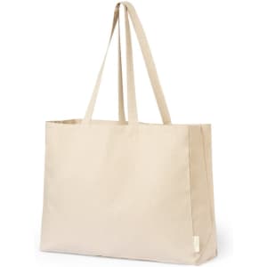 A beige tote bag with long handles and a simple design. Features a logo on one side.