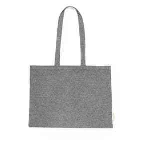 A grey tote bag with long handles and a subtle logo. The fabric has a textured appearance.