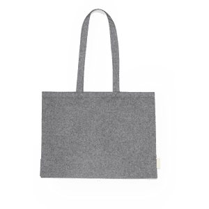 A grey tote bag with two handles and a branding label on the side.