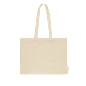 A light beige tote bag with two sturdy handle straps and a simple design. It features a logo on one side.