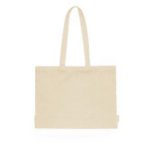 A plain beige tote bag with two long handles and no visible branding or logos.