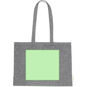 A grey tote bag with a large green area for customisation and two sturdy straps. It features a logo.