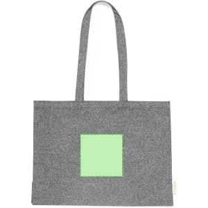 A grey tote bag featuring a green square block and two long handles. The bag has a branding logo.