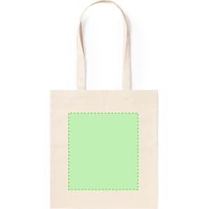 A light beige tote bag featuring a square area outlined in green, with two sturdy handles.
