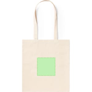 A cream-coloured tote bag featuring a green square outline and two shoulder straps. The bag has a logo.