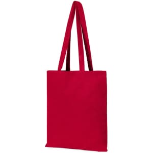 A red tote bag with two shoulder straps and a plain design, featuring a logo on one side.