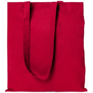 A red tote bag with long handles and a simple design, featuring a logo.