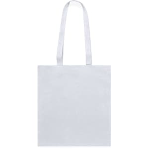 A plain silver tote bag with two handles and a simple design, featuring a logo.