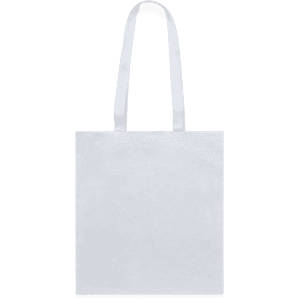 A white tote bag with two handles and a simple design, featuring a logo.