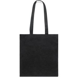 A black tote bag with two handles, featuring a simple design and a subtle logo on the front.