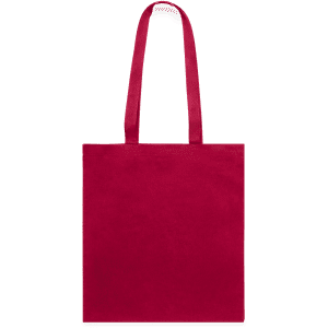 A red tote bag with long handles and a simple design. It features a logo on one side.