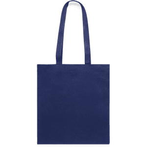 A navy tote bag with long handles and a plain design. It features a branding logo.