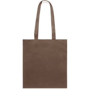 A brown tote bag with two shoulder straps and a simple design, featuring a logo on one side.