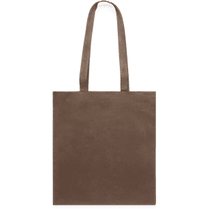 A brown tote bag with long handles and a simple, minimalistic design. Includes a logo on the surface.