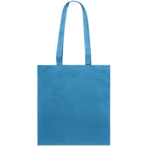 A blue tote bag with two shoulder straps and a plain design. It features a logo on one side.