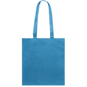 A tote bag in a vibrant turquoise colour with long handles and a simple design. It features a logo.