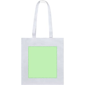 A white tote bag featuring a blank green square design. It has two sturdy handles and a simple, clean look.