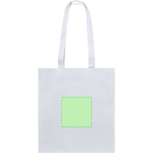 A light grey tote bag featuring a blank green square in the centre and two shoulder straps.