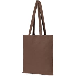 A brown tote bag with long handles and a minimalist design. It features a logo on its surface.