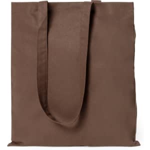 A brown tote bag with long handles and a simple design, featuring a logo on the front.