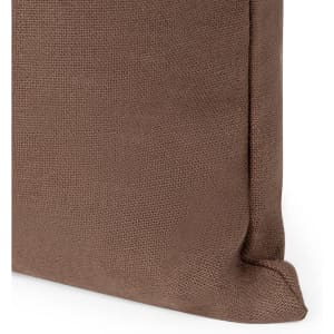 A brown tote bag with a textured fabric surface and a simple design. It features a logo on one side.