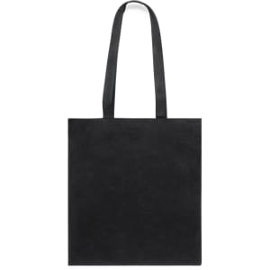 A black tote bag with two handles and a simple design, featuring a logo on the front.