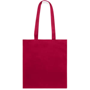 A tote bag in a rich red colour with dual handles and a smooth finish. Features a logo on one side.