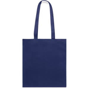 A navy blue tote bag with two long handles and a plain design. It features a logo on the front.