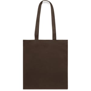 A brown tote bag with two handles and a simple design. It features a logo on the front.