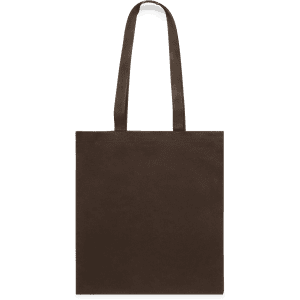 A brown tote bag with two handles and a simple design. It features a logo on one side.