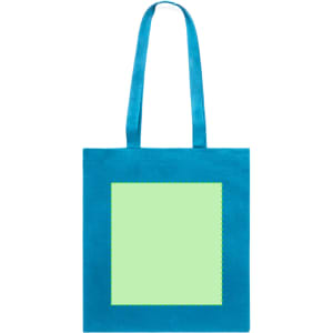 A turquoise tote bag featuring a square area in light green, with two handles and a simple design.