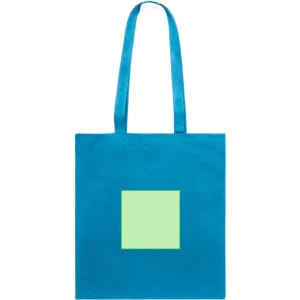 A blue tote bag featuring a square area in light green and two shoulder straps. It has a simple logo.