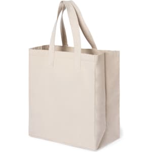 A beige tote bag with two sturdy handles and a simple design. It features a logo on one side.