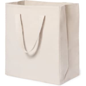 A large beige tote bag with two sturdy handles and a simple design. It features a logo on one side.