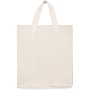A plain cream tote bag with two handles and no visible branding.