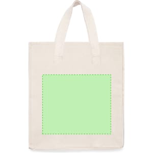 A cream tote bag featuring a blank green area for customization and sturdy handles.