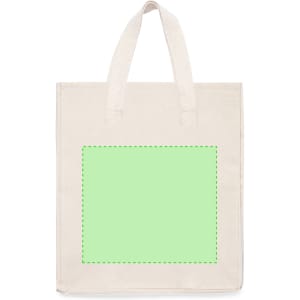A cream tote bag with top handles and a green rectangular area, featuring a logo or branding.