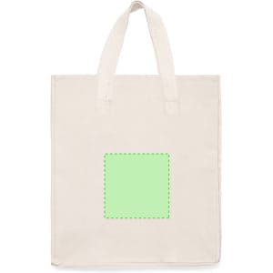 A beige tote bag with a square green accent area and two handles. Features a branding logo.
