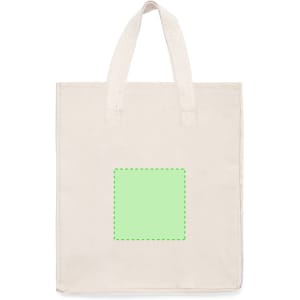 A cream tote bag featuring a green square outline in the centre and two matching handles.