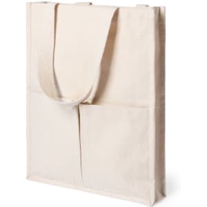 A beige tote bag with long handles and two front pockets. It features a simple design and has a logo.