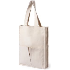 A beige tote bag with long handles, featuring a front pocket and a simple design. It has a logo on the front.