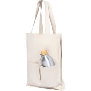 A beige tote bag with two pockets, featuring a silver drink bottle nestled inside one of the pockets.