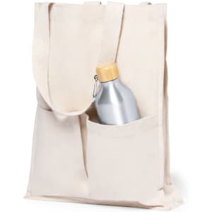 A beige tote bag with a drink bottle in one of its side pockets. The bag features long straps and has a logo.
