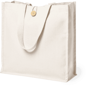 A cream tote bag with a single button and handles, featuring a simple design and sturdy construction.