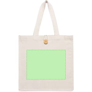 A beige tote bag with long handles and a green design area, featuring a wooden button closure.