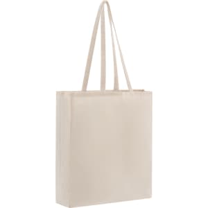 A beige tote bag with long handles, featuring a simple design and no visible logo.