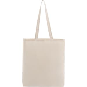 A beige tote bag with two shoulder straps, featuring a simple design and a logo.